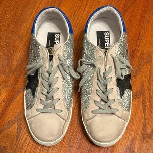 Golden Goose Silver Glitter Sneakers with Black Star